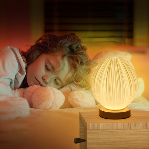 Winawing 3D Dimmable Table Lamp Bedside Small Side Table Lamp with Woodbase Peach Printing Button Control Table USB