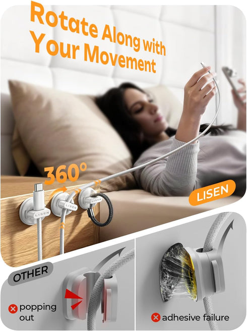 LISEN 6-Pack 360Rotating Rotatable Cord Holder for Nightstand, Magnetic Clips, No-Residue Adhesive Cable Management