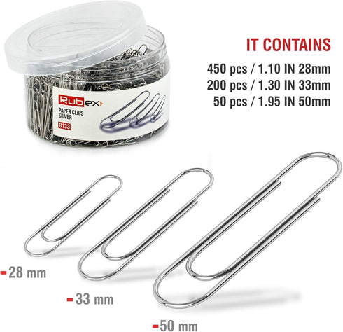 RUBEX 700 Paper Clips, Silver, Assorted Sizes for Office, School, Document Organization