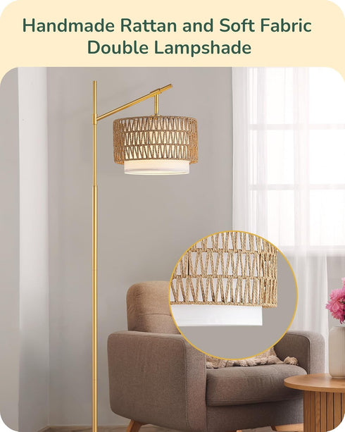 Dimmable Bulb, EDISHINE Rattan Arc Floor Lamp with Remote, Gold Farmhouse Standing Lamps for Living Room, Rattan