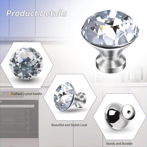 MroMax 5 Pcs Crystal Glass Dresser Knobs, 30mm Diamond Pull Handles with Silver Zinc Alloy Base