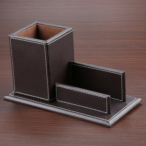 KINGFOM PU Leather Desk Organizer, Pencil Holder with Business Cards Stand, School Office Supplies Caddy - Brown