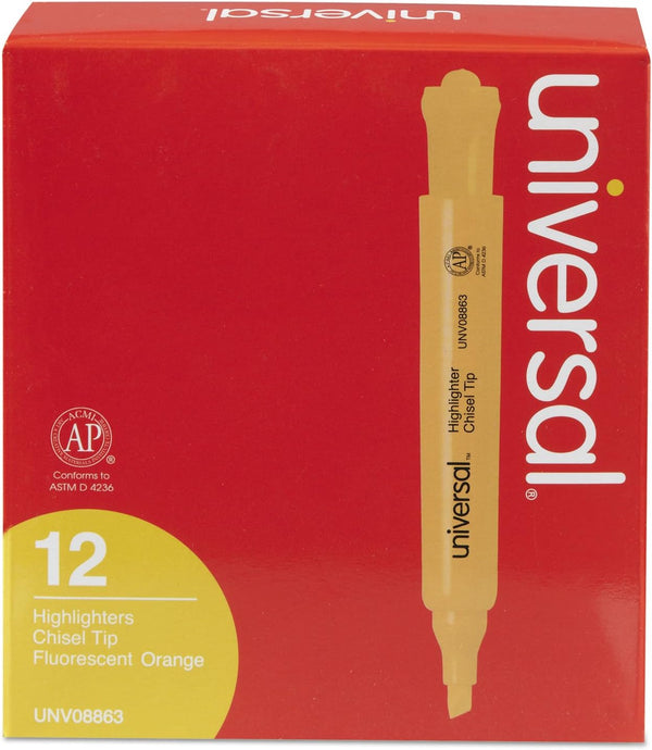 Universal 08863 Fluorescent Orange Desk Highlighter, Chisel Tip, Dozen