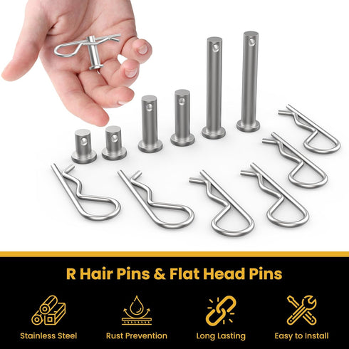 12Pcs M8 Clevis Pin and M3 X 60 R Shape Cotter Assortment Kit, 304 Stainless Steel Flat Head Pin Cotter for Hitch Lock