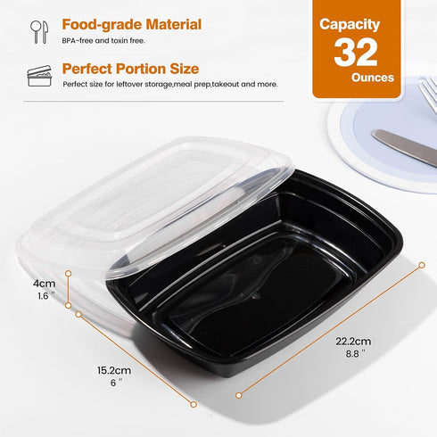 Glotoch Meal Prep Containers, Reusable 50Pack 32oz Plastic Food Prep Storage Containers with Lids, BPA Free