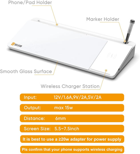 SELEAD Desktop Glass Whiteboard with Wireless Charger Station & Built-in Mirror, Dry Erase Board, White
