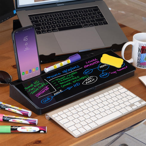 Desktop Whiteboard - Glass Dry Erase White Board, Desk Computer Buddy, 2 Pack with Phone & Tablet Slot, Black