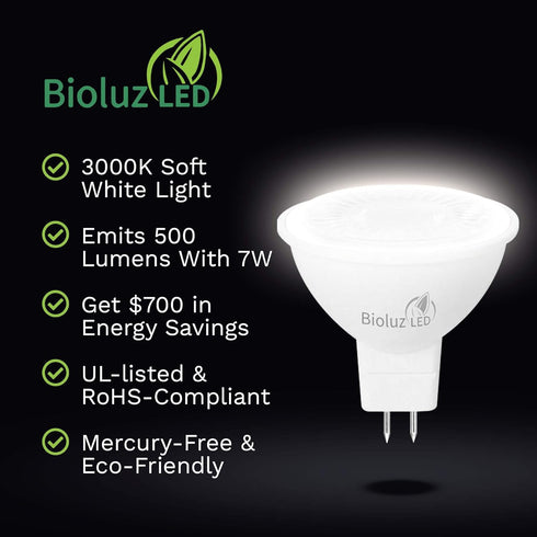 Bioluz LED 6 Pack MR16 Bulb, 50W Halogen Replacement, Non-Dimmable 7W 3000K, 12V AC/DC, Pack of 6