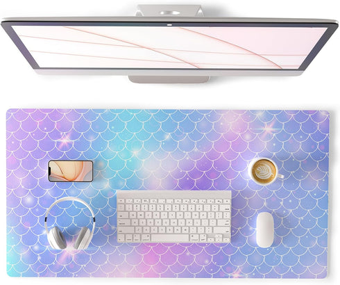 QIYI Multifunctional Office Desk Pad, Water-Resistant PU Leather Mouse Pad, Large Desk Organizer Mat, Mermaid Scales