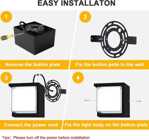 6000K 12W Outdoor Wall Light, Daylight Small Anti Rust Exterior Wall Lighting Fixtures, Black Square Wall Mount LED