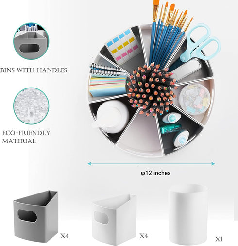 MeCids 360 Rotating Storage Organizer Desk Caddy - 12” Lazy Susan Style with Removable Bins for Home Office Supplies