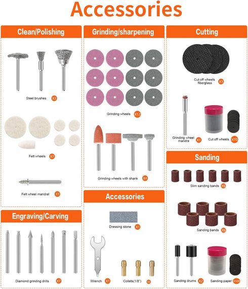 HARDELL 227pcs Rotary Tool Accessories Kit, 1/8"(3.2mm) Diameter Shanks, Universal Fitment for Cutting, Polishing,