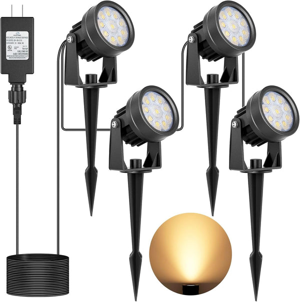 Yeturaaw Landscape Lighting Low Voltage, 4 Pack Outdoor Spotlights with Transformer, 3000K Warm