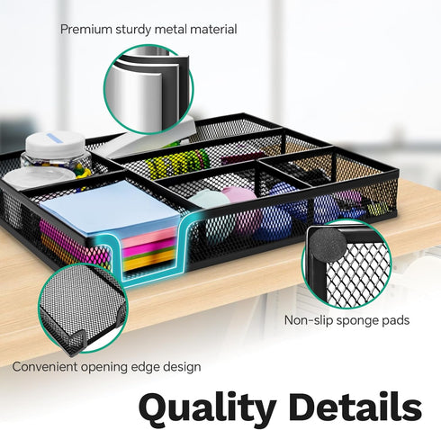Desk Drawer Organizer Tray, Versatile Metal Mesh Organizers for Office Supplies, 12.60 x 8.66 x 1.77 Inches