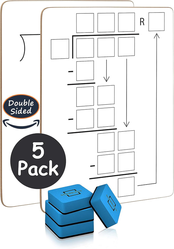 SCRIBBLEDO 5 Pack Dry Erase Division White Boards 9x12Inch for Kids, Double Sided Math Manipulatives with Erasers.