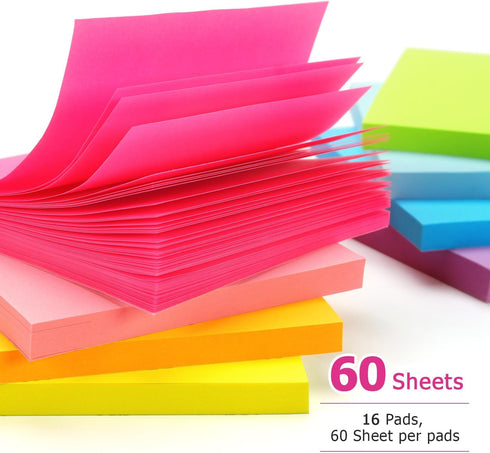 Early Buy 16 Pads Sticky Notes, 8 Bright Color Self-Stick Notes, 3 in x 3 in, 60 Sheets/Pad