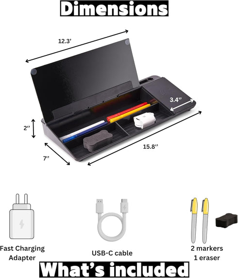 Garood Desktop Whiteboard with Wireless Fast Charger, Black Desk Organizer and Phone Holder