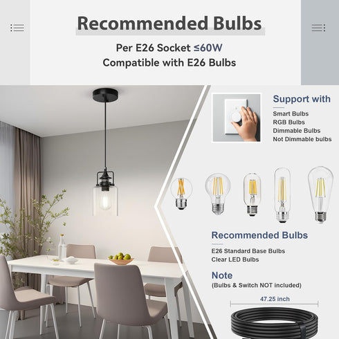 47Inches E26 Bulbs 1 Pack hansang Pendant Lights Kitchen Island, Modern Black Pendant Light Fixture, Kitchen Ceiling