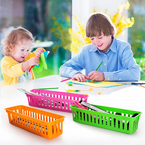 Pencil Basket Tray, 24 Pack Plastic Classroom Pencil Organizer, Colorful Crayon Basket for Classroom Home Office Storage