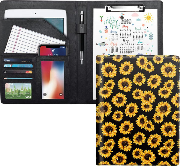 WAVEYU Cute Portfolio Case for Women, Padfolio Cover Folder with A4 Size Clipboard, Business Card Holders, Sunflower