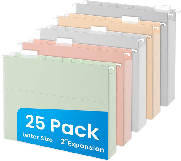 SUNEE Hanging File Folders, Letter Size, Pastel Colors, 25 Count with 1/5-Cut Tabs for Home and Office Organization