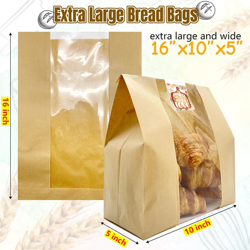 BIUBIU 16x10x5 inch Packaging 50Pcs Extra Large Paper Bread Bags for Homemade Bread with Window & Sticker for XL