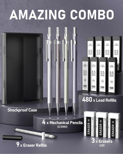 Four Candies 0.5mm Mechanical Pencil Set with Case, 4PCS Metal Pencils and Lead Refills
