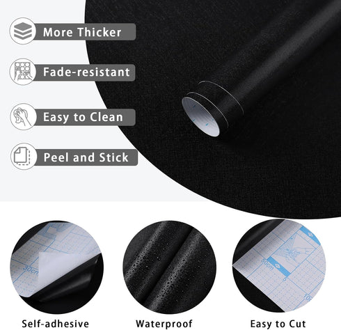 Yasinet Peel and Stick Wallpaper, Black Waterproof Self Adhesive Removable Wall Paper for Bedroom, Countertop, Vinyl