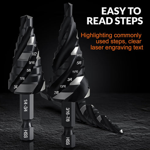 THINKWORK 3 Pcs Spiral Flute Step Drill Bit Set, HSS Step Bits (1/8"-7/8") with Tool Box, 1/4" Shank