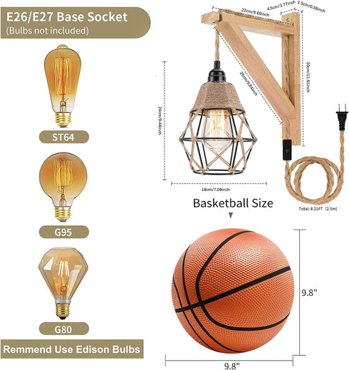 Frideko Wall Lamp with Plug in Cord - Plug in Wall Sconces, Farmhouse Hanging Lamps that Plug into Wall Outlet, Rustic