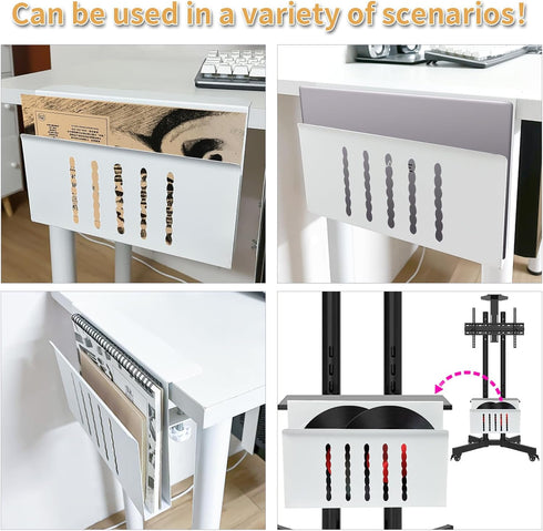Desk Side Storage, No Drill Steel Hanging Organizer, Laptop Holder for Office & Home (White)