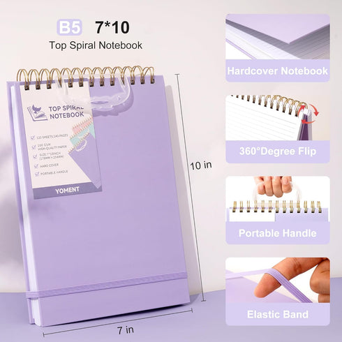 Yoment Top Spiral Notebook, Hardcover Steno Pads, 240 Pages, 7"x10", College Ruled, Left-Handed Notebooks, Purple