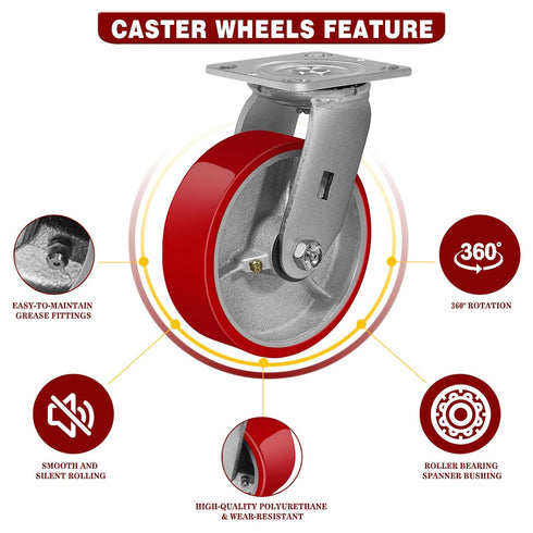 Heavy Duty 6" X 2" Industrial Swivel Caster, Load Capacity 1200lbs, No Noise Polyurethane Wheel, 1 Pack
