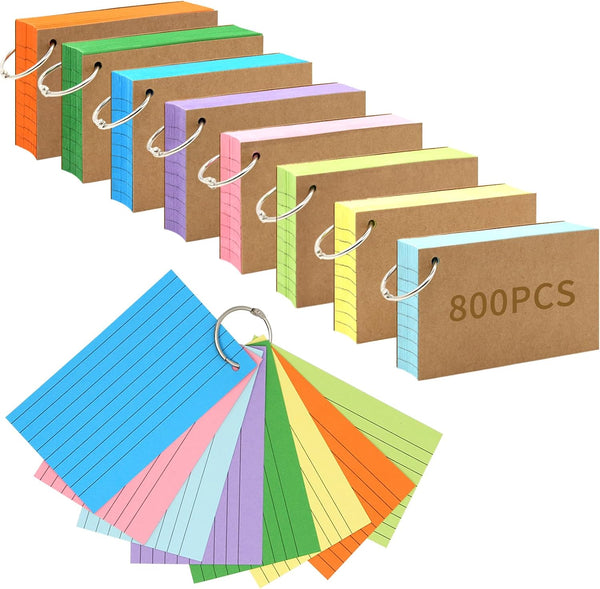 800 PCS Index Cards 3x5 Inches Colored Flash Cards with Ring, Punched
