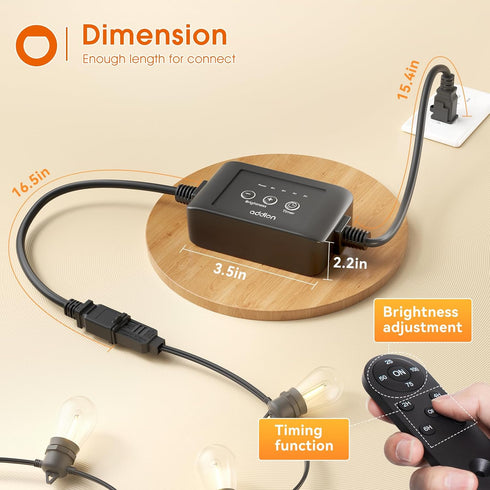Dimmer 300W, 2h/4h/6h/8h, 4 Dimmer addlon for Outdoor String Lights, Timing Brightness Level, Remote Control, Control