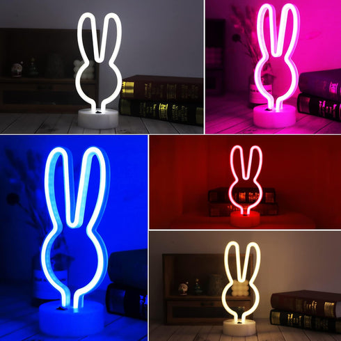 Easter Decorations Neon Signs, Creative Bunny Lights with Base - Battery/USB Operated Rabbit Stuff for Home, Nursery
