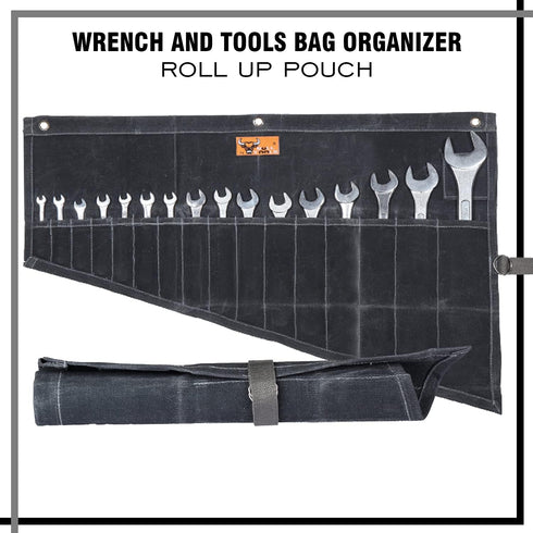 16 Pocket Wrench Roll Up Pouch Metric & Standard Wrench Set Organizer & Roll-Up Pouch Tool Bag Hand Made of 100% Cotton Full Waxed Canvas - Coal Black by BULL TOOLS