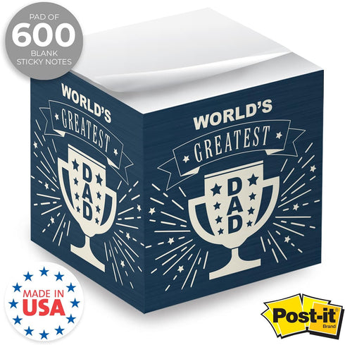 World's Greatest Dad Sticky Note Cube / 2.75" Memo Block Printed On 4 Sides/Father's Day Blue Modern Design