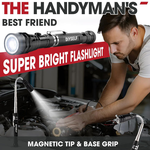 DIYSELF Magnetic Pickup Tool, Telescoping Magnet Stick, LED Flashlight, Flexible Magnetic Pickup Tool, Extendable