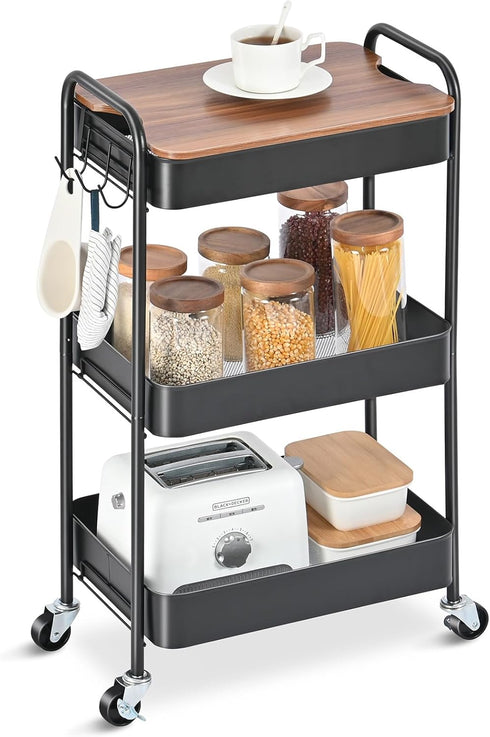 TOOLF 3-Tier Rolling Cart, Metal Utility Cart with Top, Storage Craft Cart with Wheels, Trolley Organizer Serving Cart