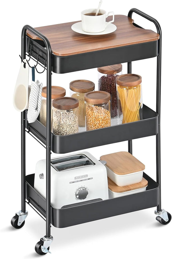 TOOLF 3-Tier Rolling Cart, Metal Utility Cart with Top, Storage Craft Cart with Wheels, Trolley Organizer Serving Cart