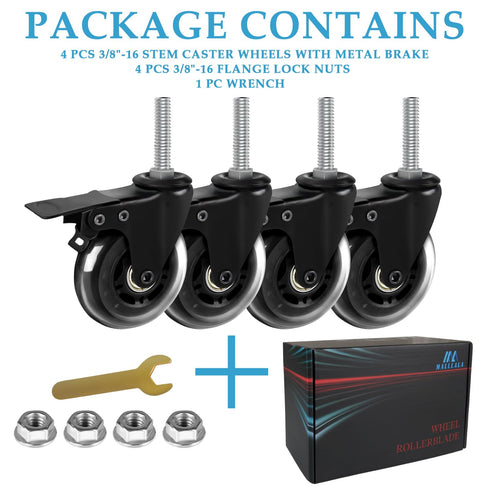 3" Heavy Duty Stem Caster Wheels with Safety Dual Locking, No Noise Swivel Rubber Castors (Set of 4)
