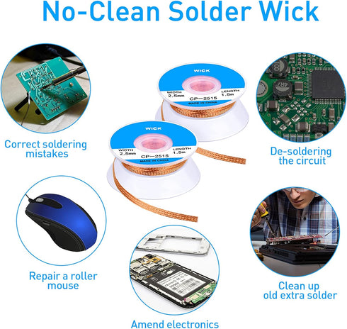 6 Pieces No-Clean Solder Wicks, 1.5 Meter Length, Desoldering Wicks (Blue, 0.1 Inch)