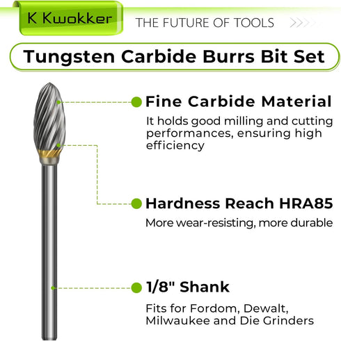 20PCS Tungsten Carbide Burr Set, 1/8 Shank Diamond Files for Dremel Rotary Drill, Metal Polishing and Wood Carving
