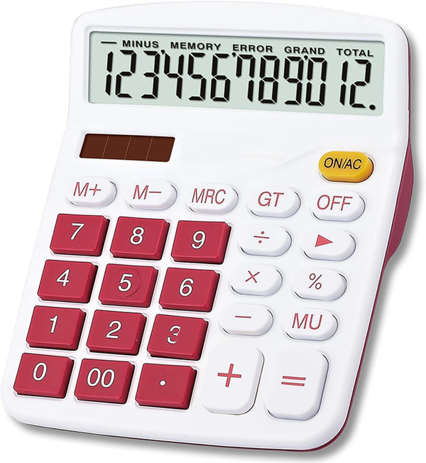 Meichoon Desktop Calculator 12 Digit Large LCD Display, Solar Battery Dual Power, Red, for Office/Home/School KA08