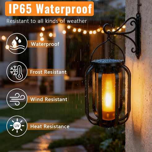 2 Pack 4 Solar Lantern Lights Outdoor Waterproof Flickering Flame Light, Solar Lights with Dual Charging (USB/Solar)