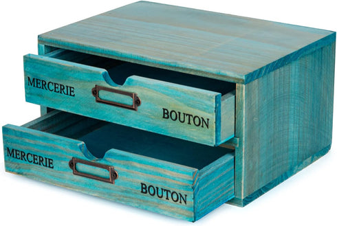Turquoise 2-Tier Drawer Unit, European Country Style Desk Organizer Box with Label Holder for Countertop