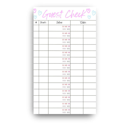 Generic Steakhouse Guest Check Server Note Pads, Waitress Server Pad with Steak Temperatures,