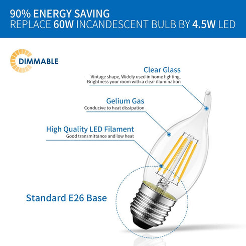 B11 Bulb Bulb E26 Dimmable Bulbs 2700K 4.5W (60W Lightbulbs, 6 Pack ANWIO Flame Tip Clear Candle Light Indoor LED