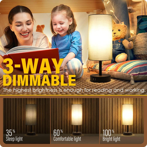 Yarra-Decor Bedside Lamps with USB Port - Touch Control Table Lamp Set of 2, Round Grey Fabric Shade